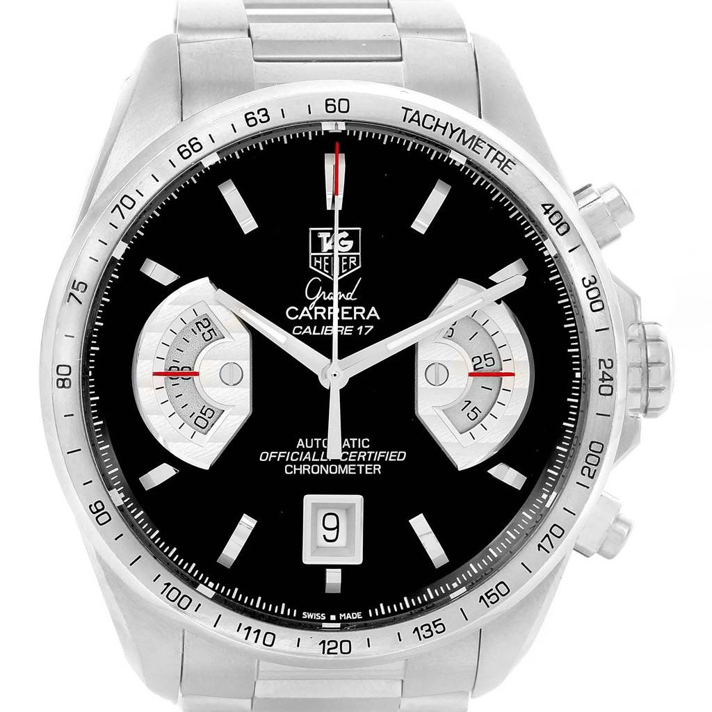 The image shows a front view of the Tag Heuer Carrera CAV511A Men's Stainless Steel Black Dial CAV511A Men's Stainless Steel Black Dial watch, featuring its face, bezel, and part of the bracelet.