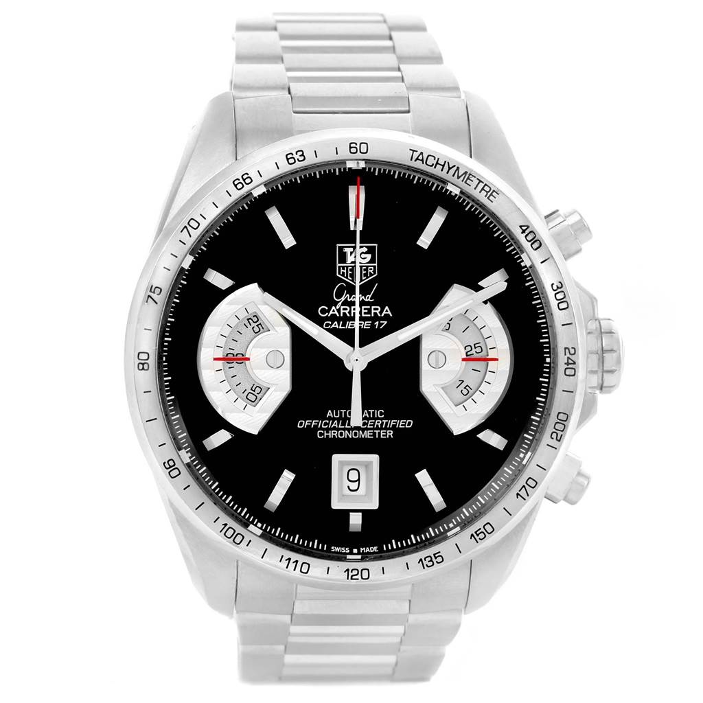 The image shows a frontal view of the Tag Heuer Carrera CAV511A Men's Stainless Steel Black Dial CAV511A Men's Stainless Steel Black Dial Calibre 17 watch, displaying its face, dials, and bracelet.
