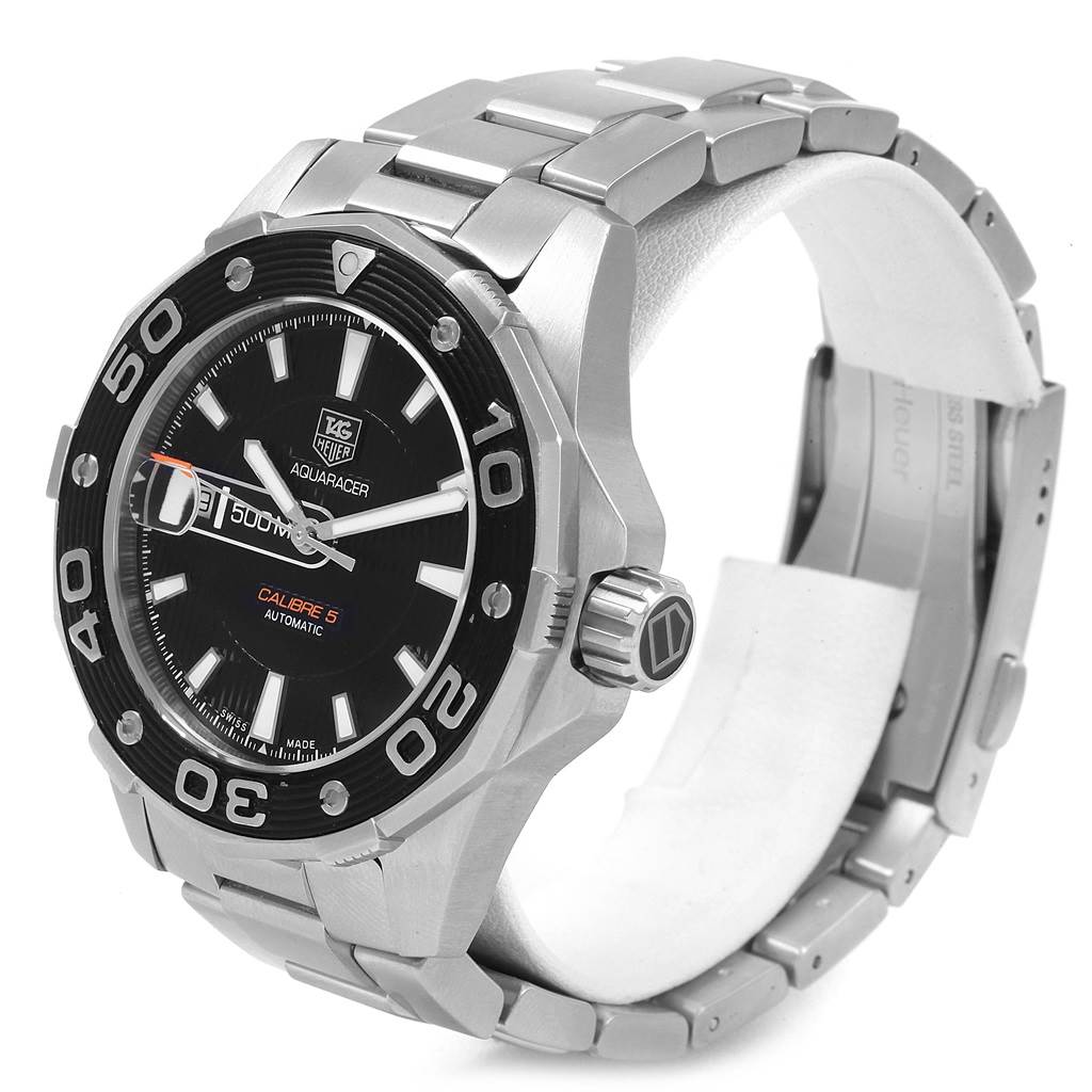 The image shows a side angle of the Tag Heuer Aquaracer WAJ2110.BA0870 Men
s Stainless Steel Black Dial WAJ2110.BA0870 Men
s Stainless Steel Black Dial watch, highlighting the bezel, dial, bracelet, and crown.