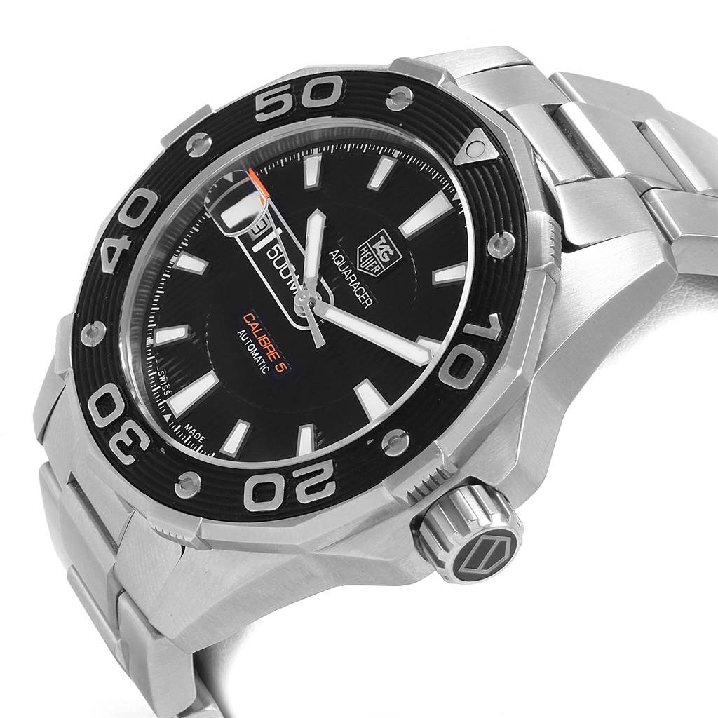 The image shows a close-up, angled view of the Tag Heuer Aquaracer WAJ2110.BA0870 Men
s Stainless Steel Black Dial WAJ2110.BA0870 Men
s Stainless Steel Black Dial Calibre 5 watch, focusing on the face, bezel, and bracelet.