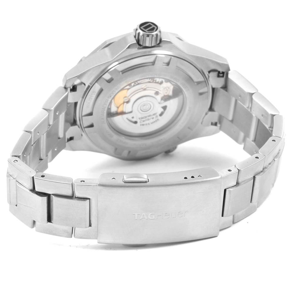 This image shows the back case, crown, and stainless steel bracelet of a Tag Heuer Aquaracer WAJ2110.BA0870 Men
s Stainless Steel Black Dial WAJ2110.BA0870 Men
s Stainless Steel Black Dial watch from an angled rear view.