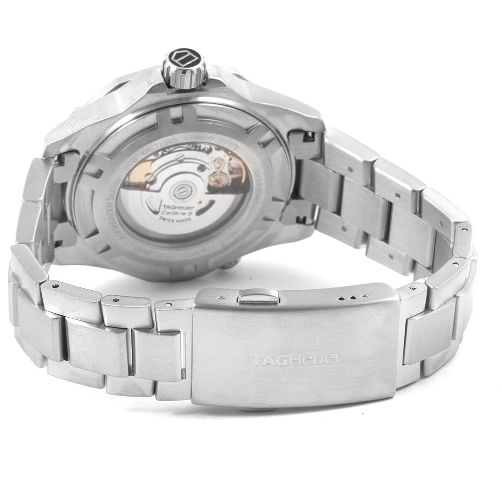 This image shows the back view of the Tag Heuer Aquaracer WAJ2111 Men's Stainless Steel Grey Dial WAJ2111 Men's Stainless Steel Grey Dial watch, featuring its case back, crown, and stainless steel bracelet with clasp.