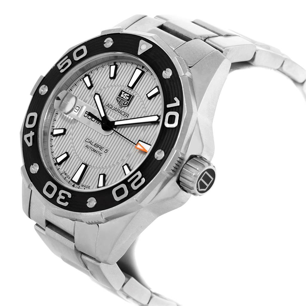 This image shows a Tag Heuer Aquaracer WAJ2111 Men's Stainless Steel Grey Dial WAJ2111 Men's Stainless Steel Grey Dial watch from an angled side view, highlighting the face, bezel, crown, and part of the bracelet.