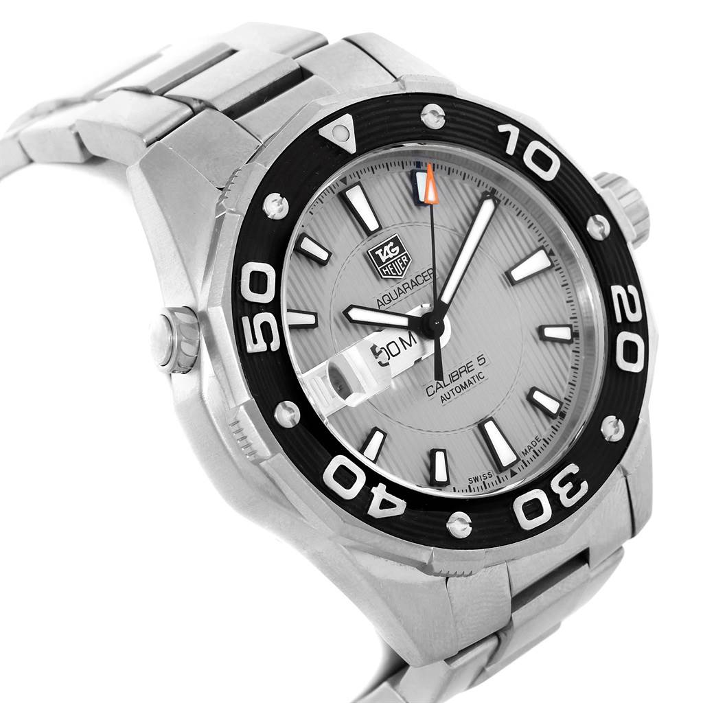 The image shows a close-up of the Tag Heuer Aquaracer WAJ2111 Men's Stainless Steel Grey Dial WAJ2111 Men's Stainless Steel Grey Dial watch from an angled view, highlighting the bezel, dial, and part of the bracelet.