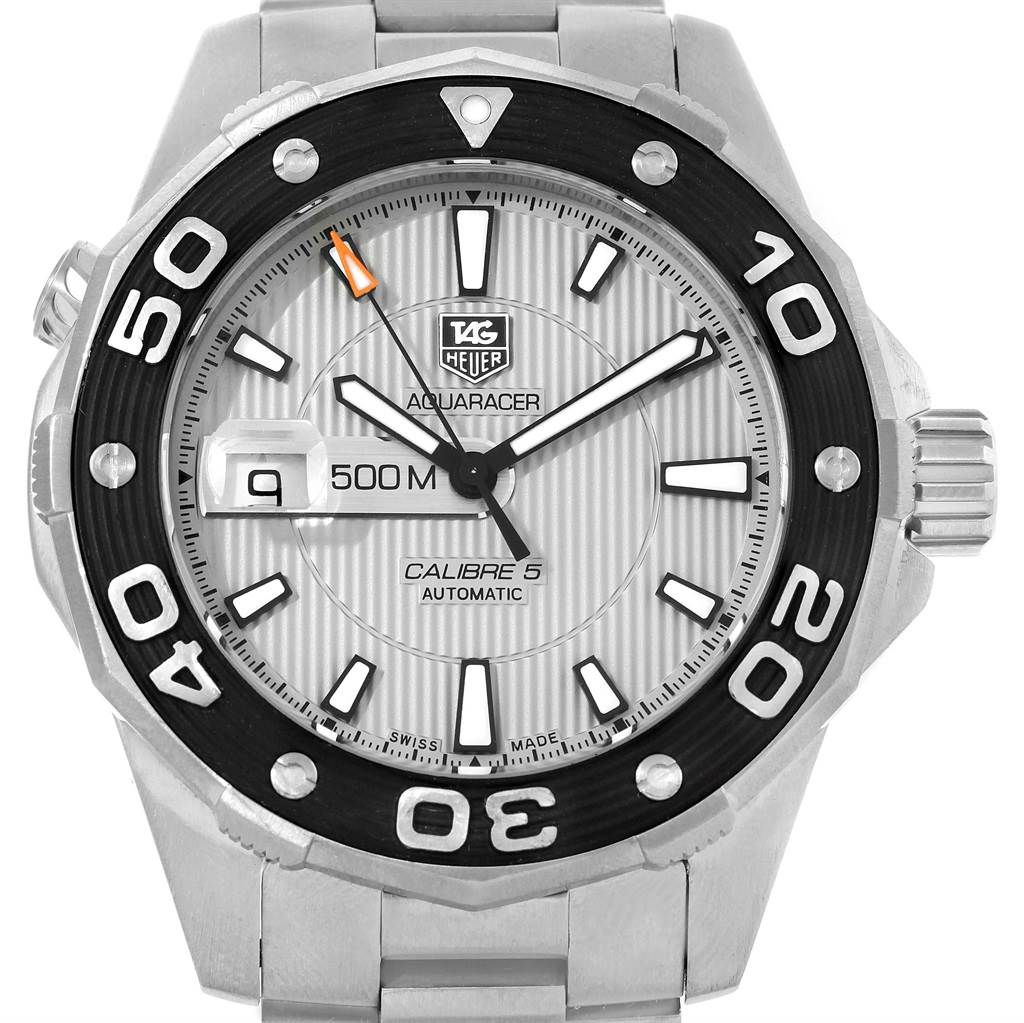 The image shows a front view of the Tag Heuer Aquaracer WAJ2111 Men's Stainless Steel Grey Dial WAJ2111 Men's Stainless Steel Grey Dial watch, displaying its dial, bezel, and part of the bracelet.