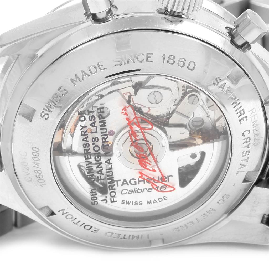 The image shows the back of a Tag Heuer Limited Edition CV201C.BA0786 Men's Stainless Steel Black Dial CV201C.BA0786 Men's Stainless Steel Black Dial model watch, highlighting the inscription and internal mechanism.