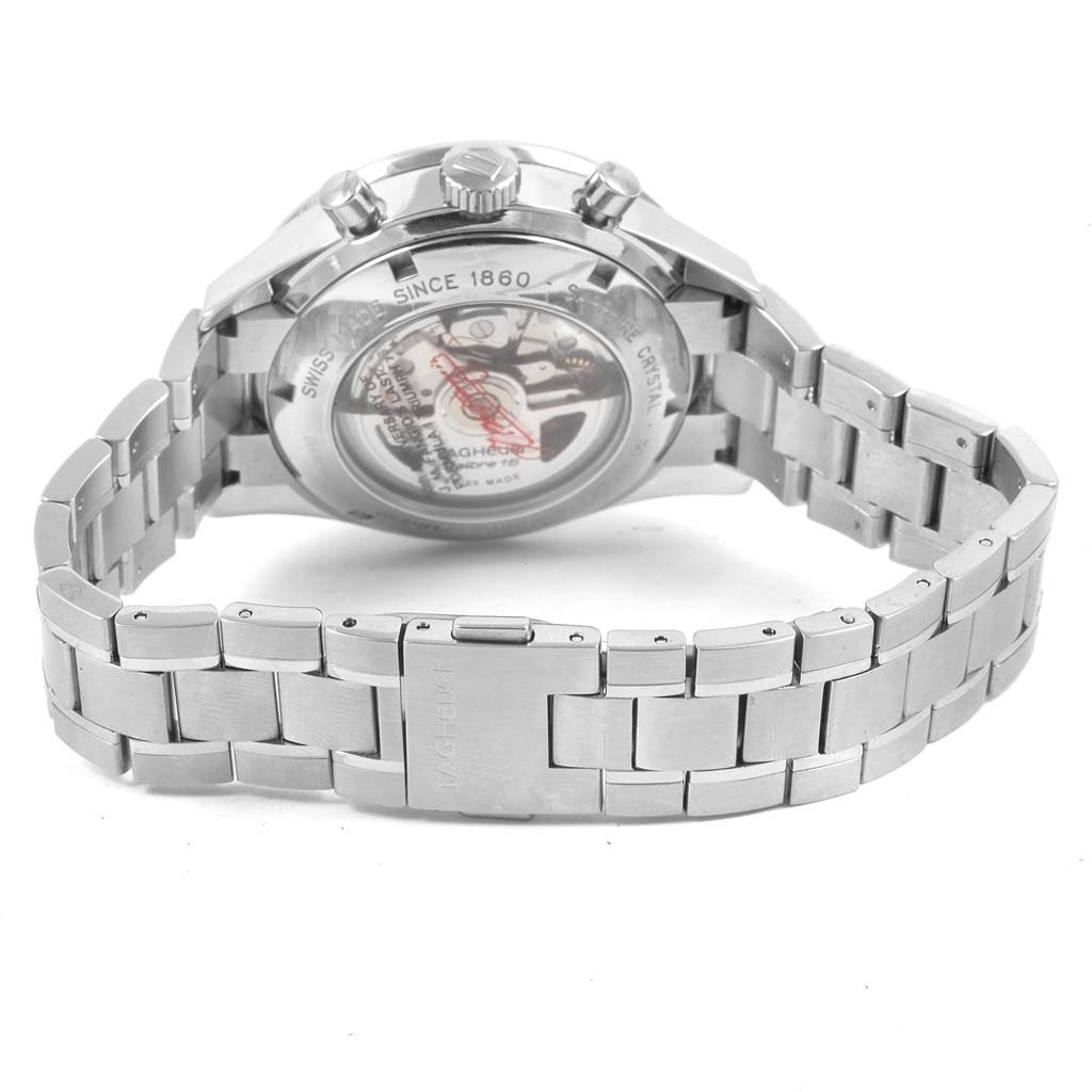 The image shows the back view of the Tag Heuer Limited Edition CV201C.BA0786 Men's Stainless Steel Black Dial CV201C.BA0786 Men's Stainless Steel Black Dial watch, highlighting its stainless steel bracelet and case back.