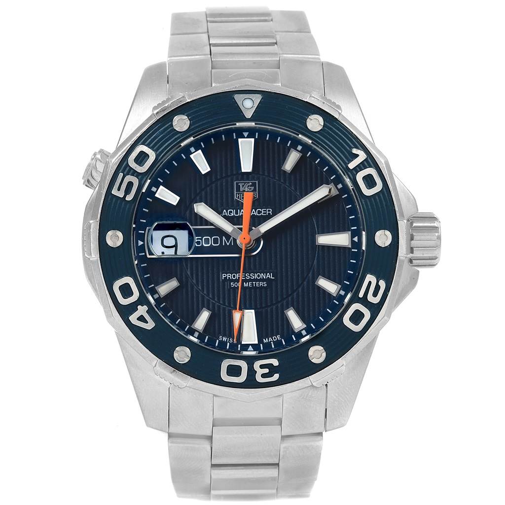 The image shows a front view of the Tag Heuer Aquaracer WAJ1112.BA0871 Men's Stainless Steel Blue Dial WAJ1112.BA0871 Men's Stainless Steel Blue Dial watch, displaying its face, bezel, crown, and bracelet.