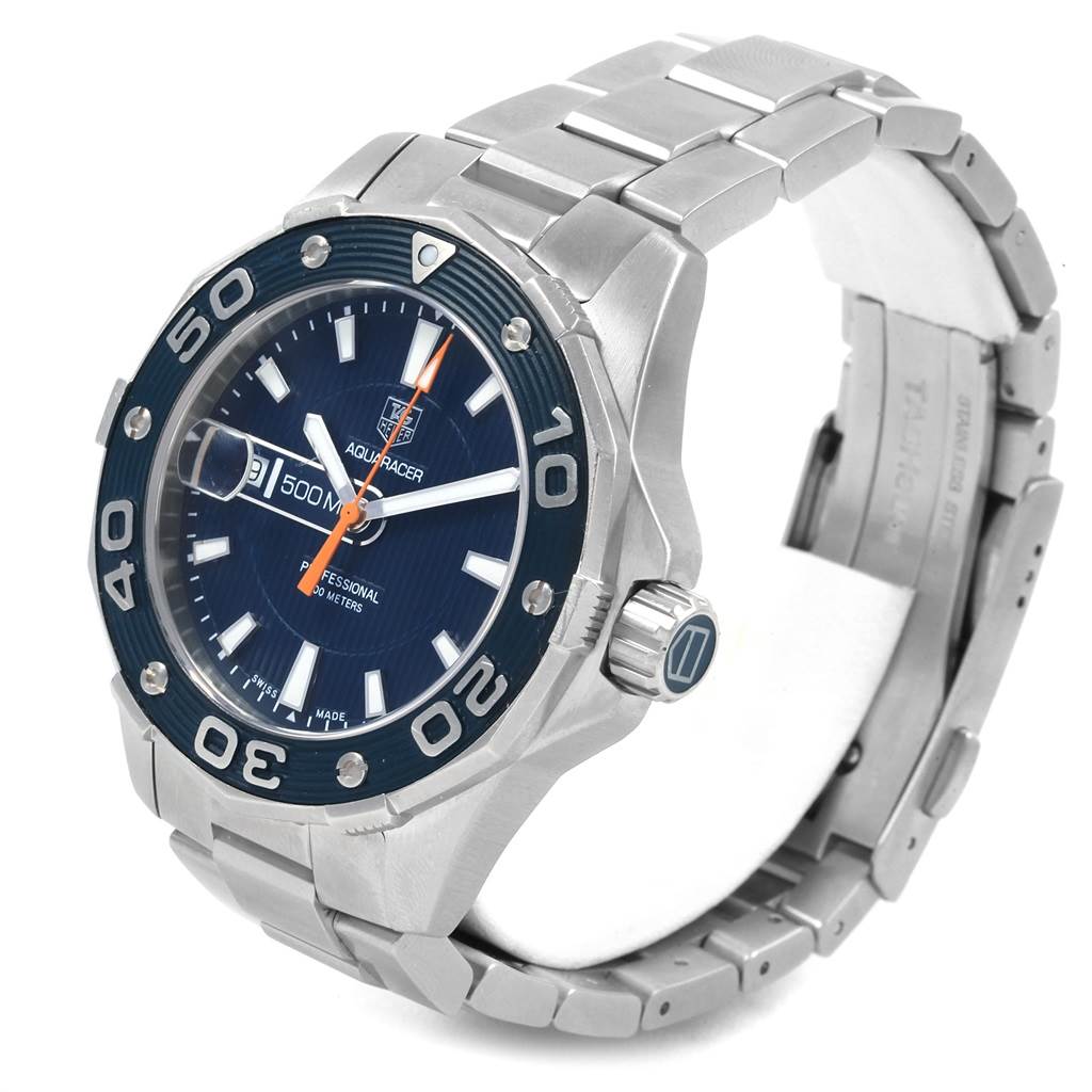 The image shows a side angle view of the Tag Heuer Aquaracer WAJ1112.BA0871 Men's Stainless Steel Blue Dial WAJ1112.BA0871 Men's Stainless Steel Blue Dial watch, focusing on the face, bezel, crown, and bracelet.