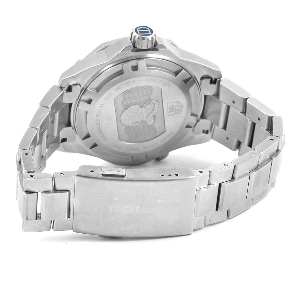 The image shows the back case and clasp of the Tag Heuer Aquaracer WAJ1112.BA0871 Men's Stainless Steel Blue Dial WAJ1112.BA0871 Men's Stainless Steel Blue Dial watch from a slight rear angle.
