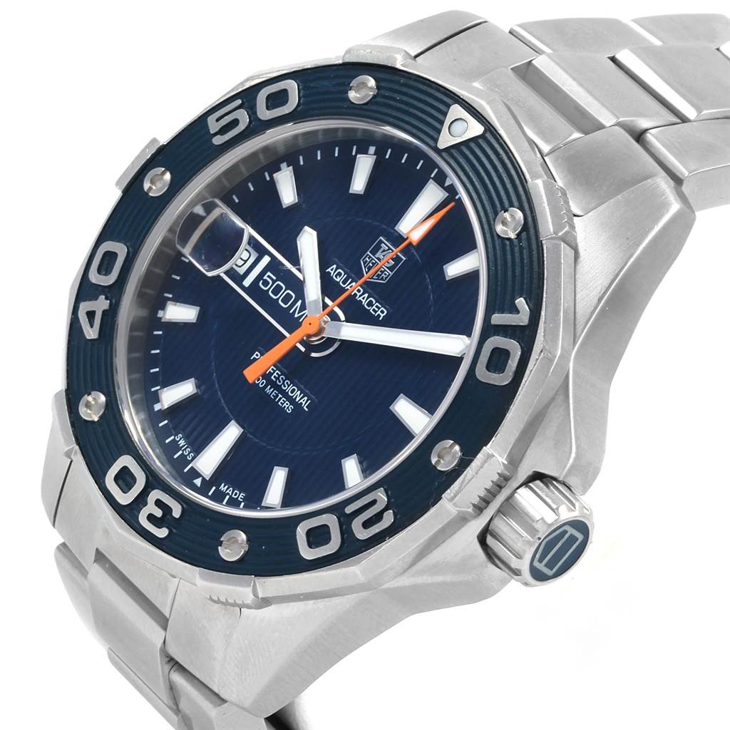 The image shows a Tag Heuer Aquaracer WAJ1112.BA0871 Men's Stainless Steel Blue Dial WAJ1112.BA0871 Men's Stainless Steel Blue Dial watch at a three-quarter angle, highlighting the dial, bezel, crown, and part of the bracelet.