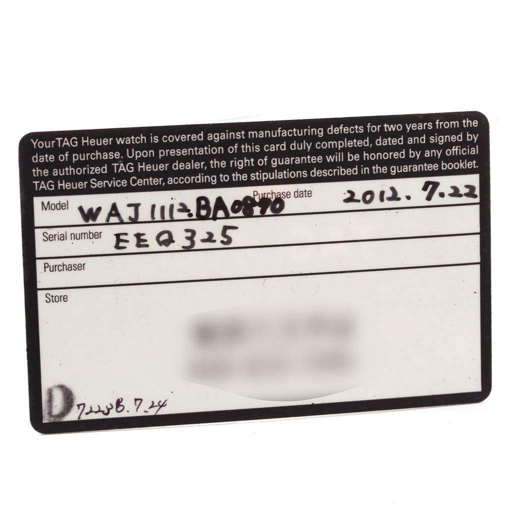 The image shows the warranty card for the Tag Heuer Aquaracer WAJ1112.BA0871 Men's Stainless Steel Blue Dial WAJ1112.BA0871 Men's Stainless Steel Blue Dial model, displaying the model and serial numbers.