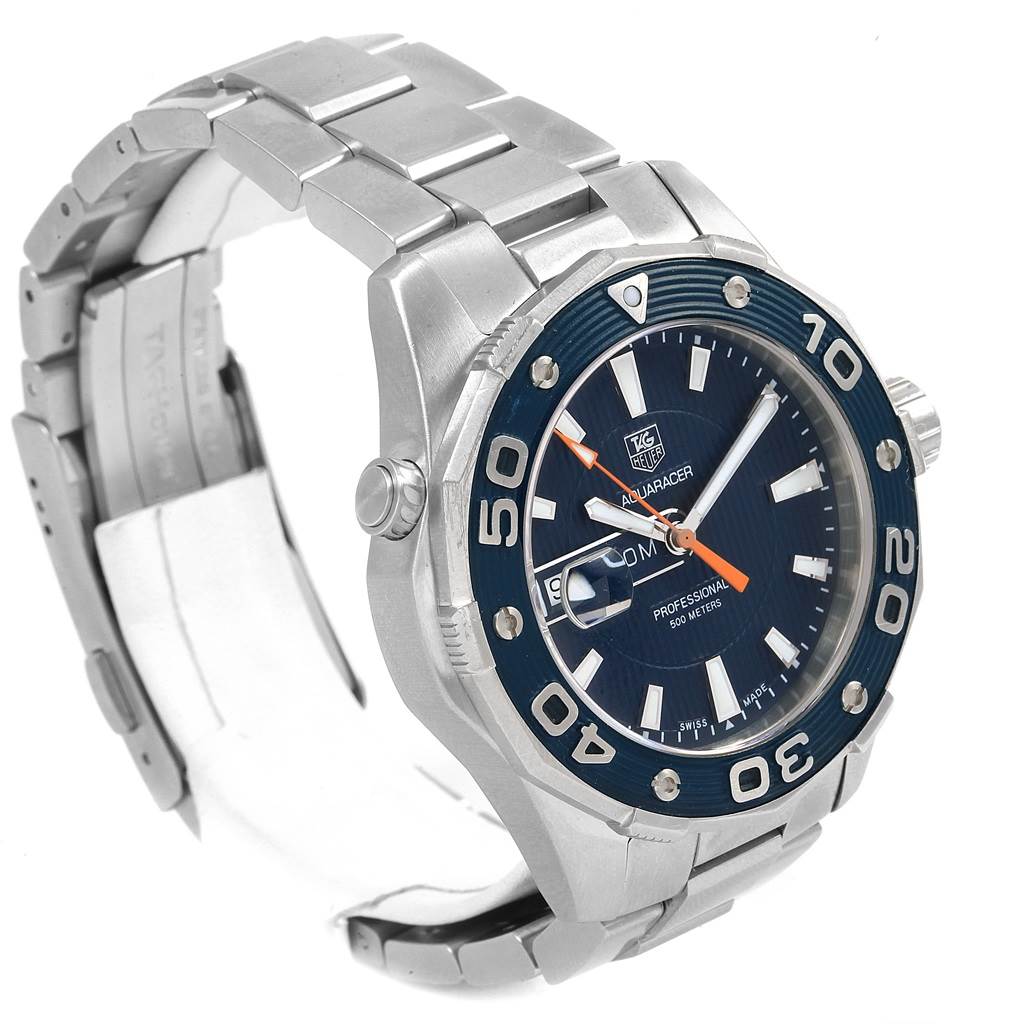 The image shows a Tag Heuer Aquaracer WAJ1112.BA0871 Men's Stainless Steel Blue Dial WAJ1112.BA0871 Men's Stainless Steel Blue Dial watch angled from the front-left, displaying the face, bezel, crown, and part of the bracelet.