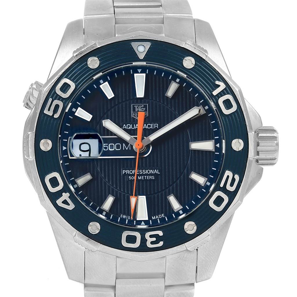 The image shows a front view of the Tag Heuer Aquaracer WAJ1112.BA0871 Men's Stainless Steel Blue Dial WAJ1112.BA0871 Men's Stainless Steel Blue Dial watch, highlighting the dial, bezel, and part of the bracelet.