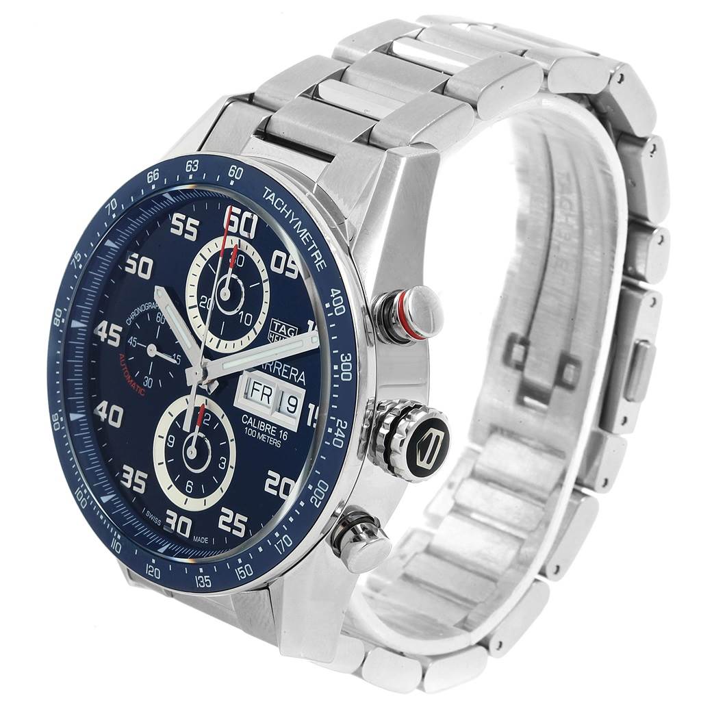 The Tag Heuer Carrera CV2A1V.BA0738 Men's Stainless Steel Blue Dial CV2A1V.BA0738 Men's Stainless Steel Blue Dial watch is shown at a slight angle, revealing its face, side buttons, and metal bracelet.