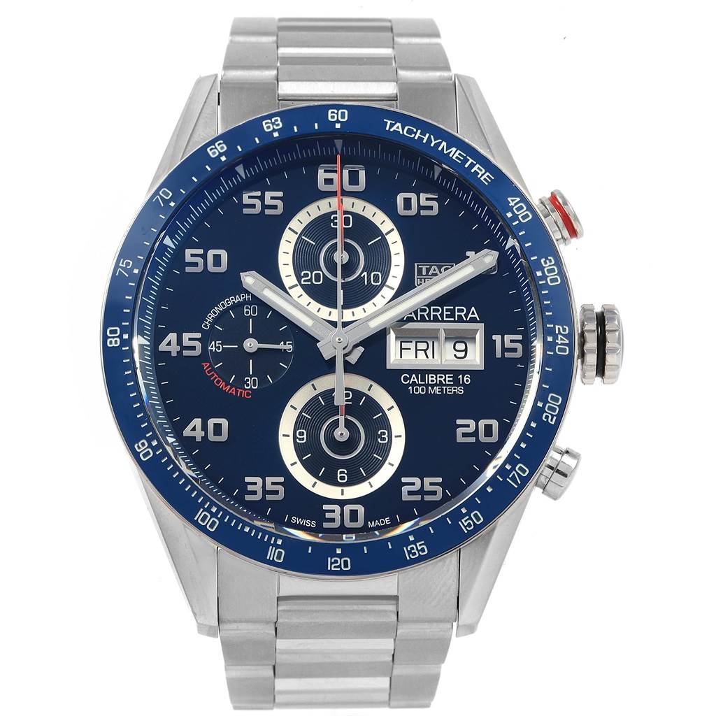 The image shows a face-on view of a Tag Heuer Carrera CV2A1V.BA0738 Men's Stainless Steel Blue Dial CV2A1V.BA0738 Men's Stainless Steel Blue Dial watch, displaying the dial, bezel, and stainless steel bracelet.