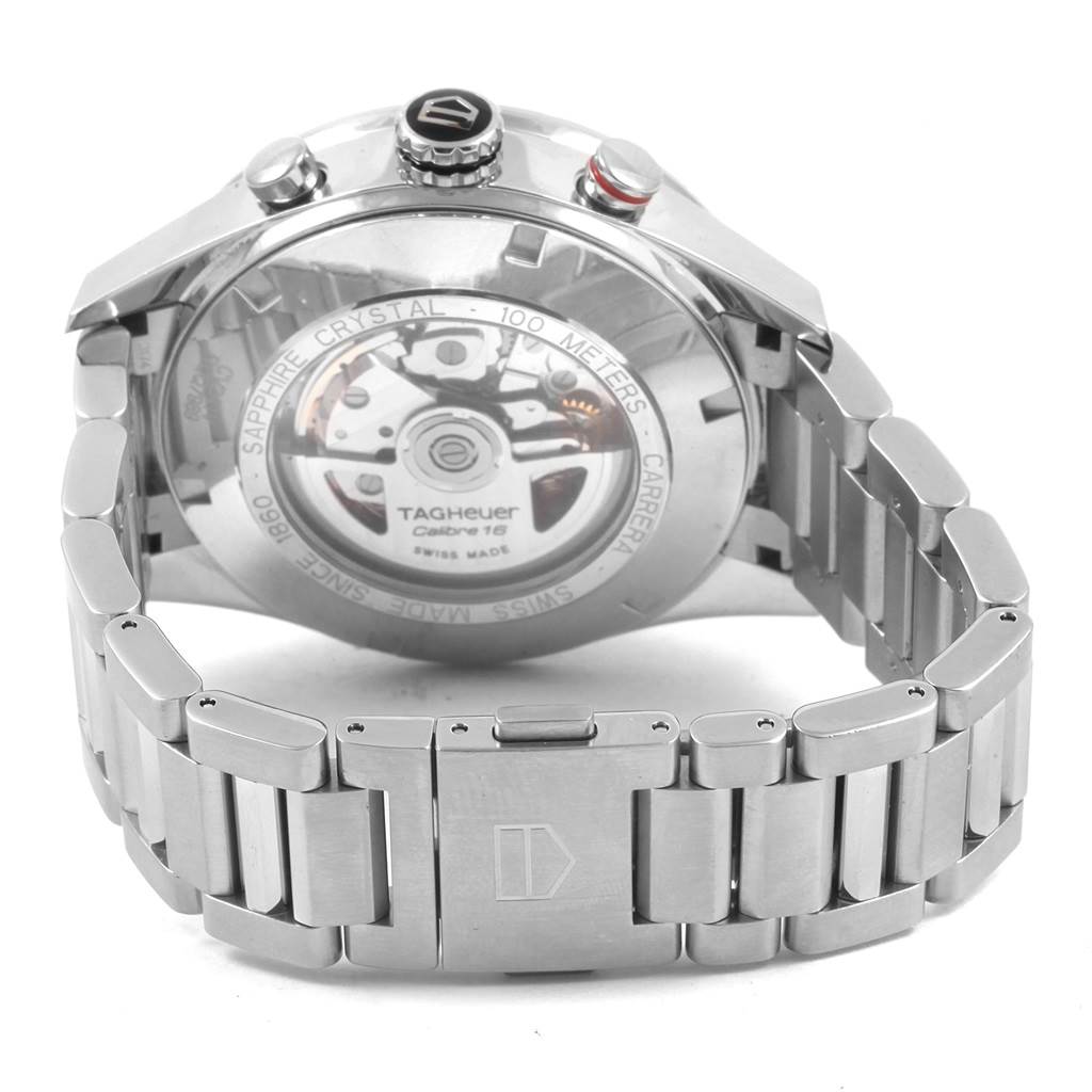 The image shows the back and bracelet of the Tag Heuer Carrera CV2A1V.BA0738 Men's Stainless Steel Blue Dial CV2A1V.BA0738 Men's Stainless Steel Blue Dial model watch, highlighting its movement and clasp.