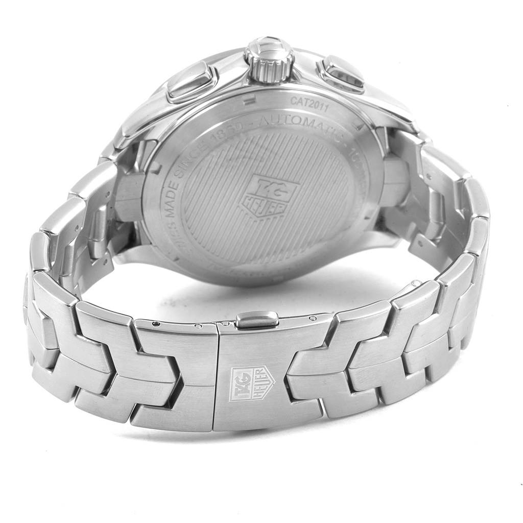 The image shows the back view of a Tag Heuer Link CJF211A.BA0594 Men's Stainless Steel Silver Dial CJF211A.BA0594 Men's Stainless Steel Silver Dial model watch, highlighting the case back and part of the bracelet clasp.