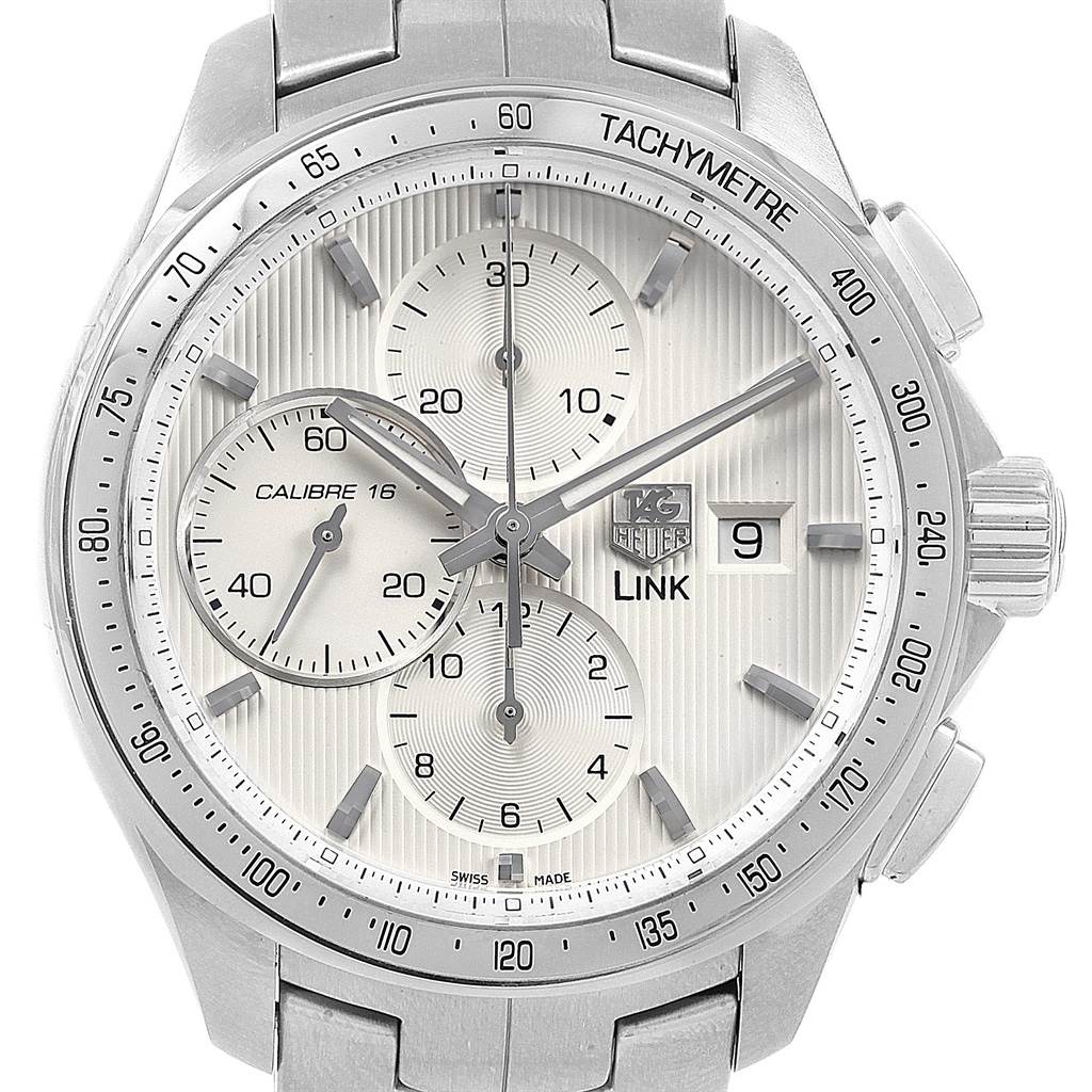 This image shows the front view of a Tag Heuer Link CJF211A.BA0594 Men's Stainless Steel Silver Dial CJF211A.BA0594 Men's Stainless Steel Silver Dial model watch, highlighting its tachymeter, subdials, and date window.