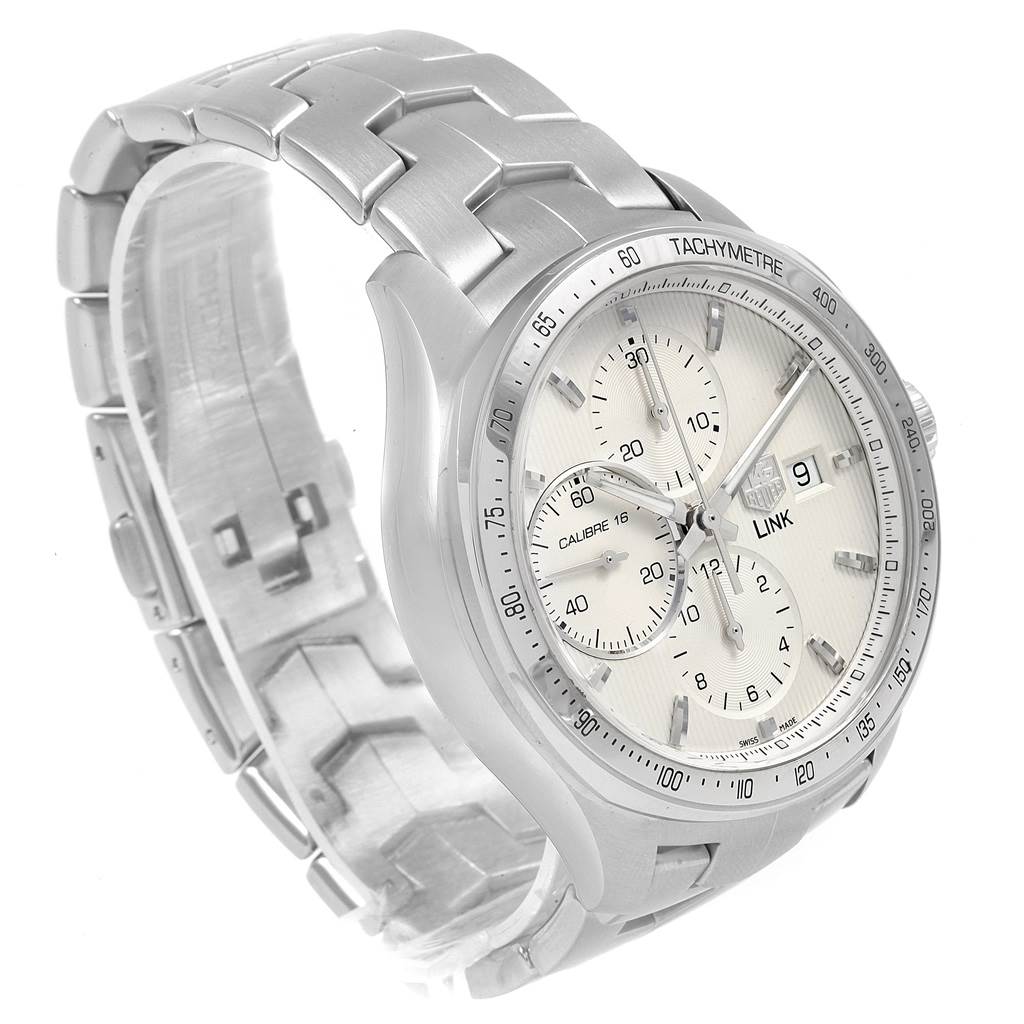 The Tag Heuer Link CJF211A.BA0594 Men's Stainless Steel Silver Dial CJF211A.BA0594 Men's Stainless Steel Silver Dial watch is shown at a three-quarter angle, highlighting its face, bracelet, and chronograph sub-dials.
