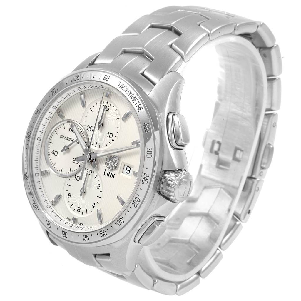 This Tag Heuer Link CJF211A.BA0594 Men's Stainless Steel Silver Dial CJF211A.BA0594 Men's Stainless Steel Silver Dial model watch is shown at a side angle, highlighting its face, bracelet, and adjustments.