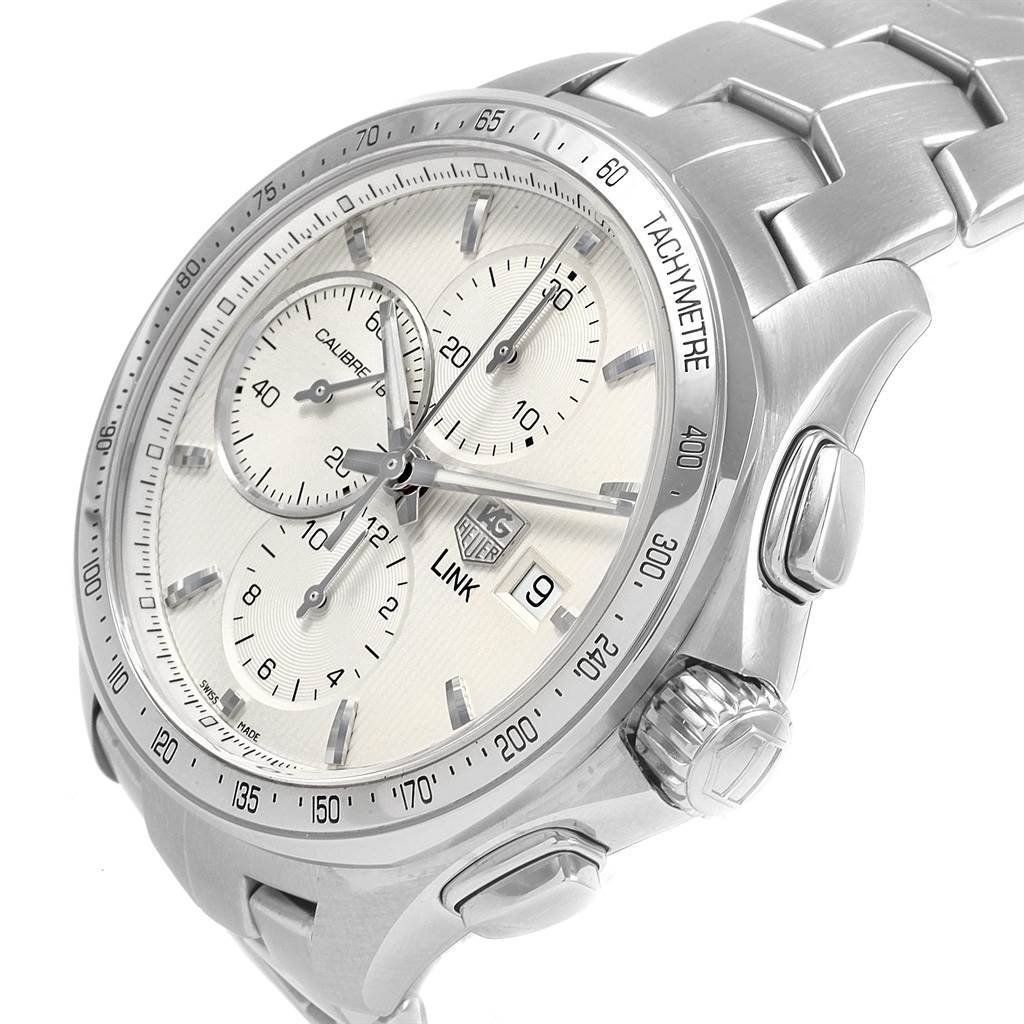 This image displays a Tag Heuer Link CJF211A.BA0594 Men's Stainless Steel Silver Dial CJF211A.BA0594 Men's Stainless Steel Silver Dial model watch at an angled close-up, showing its face, chronograph dials, and side buttons.