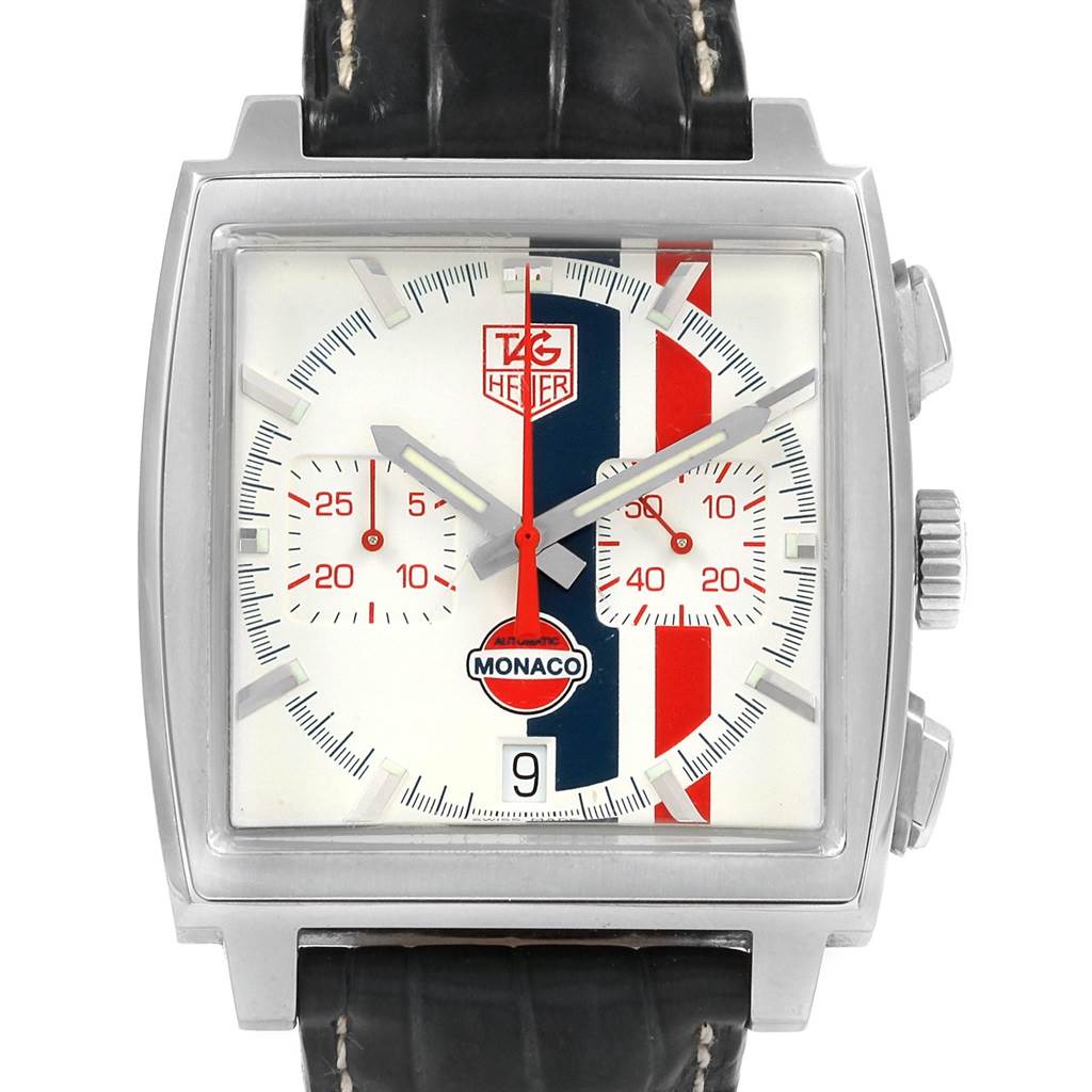 The image shows a front view of the dial and bezel of the TAG Heuer Monaco Limited Edition watch.