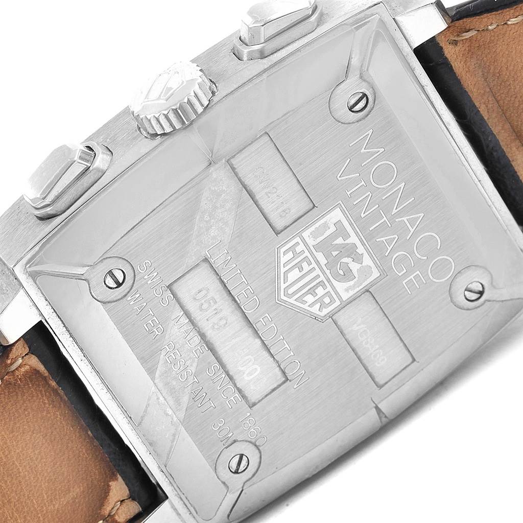 This image shows the back case and side controls of the Tag Heuer Monaco Vintage Limited Edition watch.
