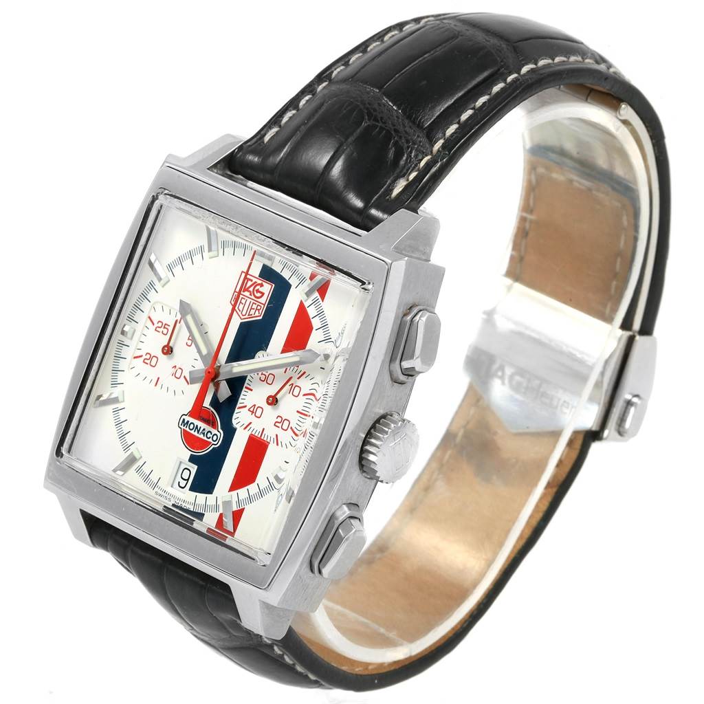 The image shows a side and top view of the Tag Heuer Monaco Limited Edition watch, highlighting its face, strap, and crown.
