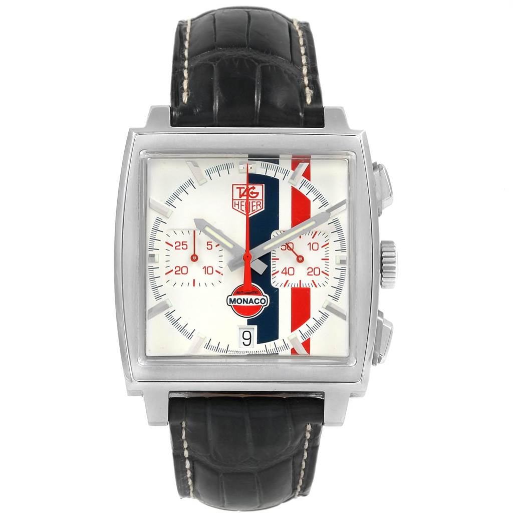 This image shows a front view of the Tag Heuer Monaco Limited Edition watch, highlighting its dial, case, and strap.