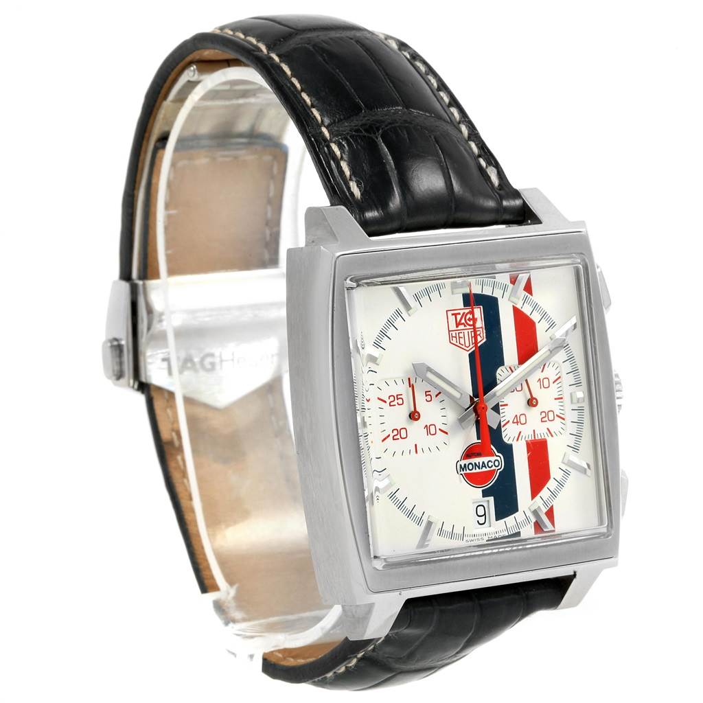 This image shows a side and front view of the Tag Heuer Monaco Limited Edition watch with a leather strap and square dial.