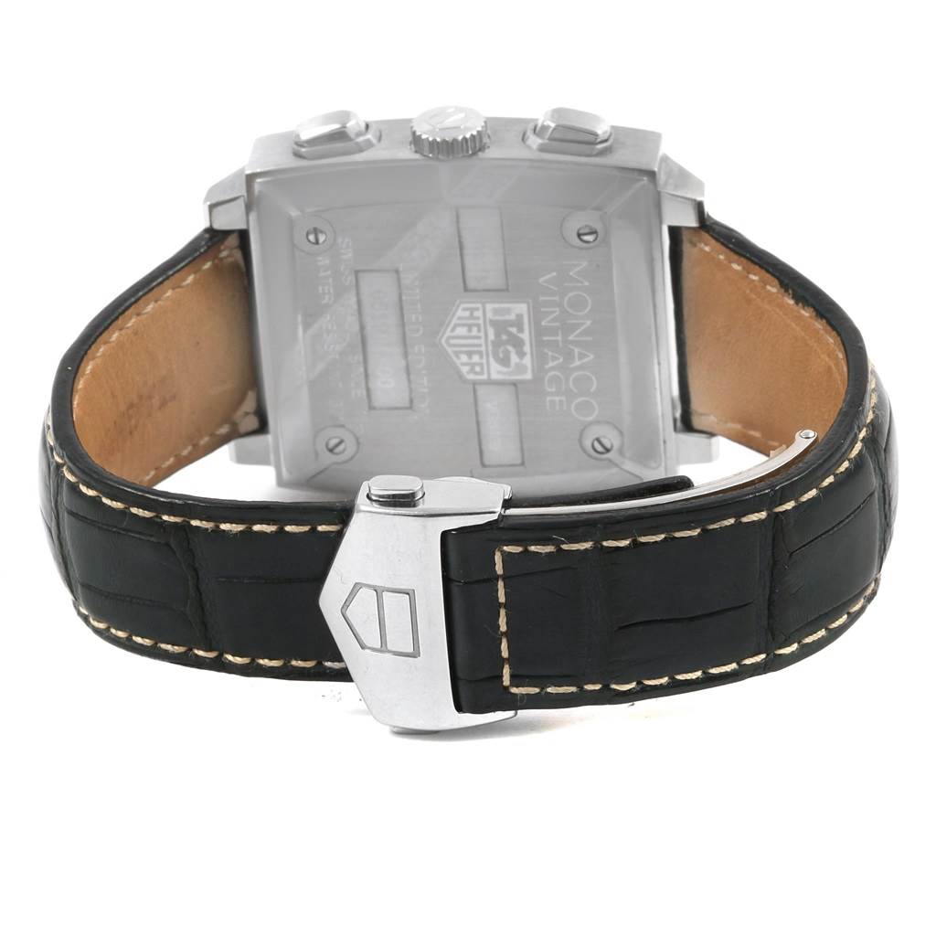 The image shows the backside of the Limited Edition Tag Heuer Monaco Vintage watch, focusing on the case back, strap, and clasp.