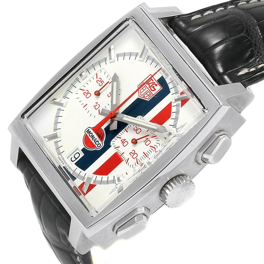 The image shows a close-up view of the face and side buttons of the Tag Heuer Monaco Limited Edition watch.