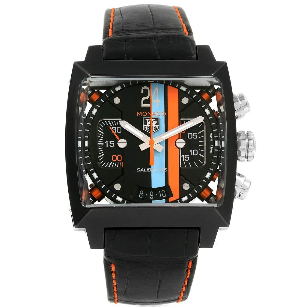 The image shows a front view of the Tag Heuer Monaco Limited Edition watch, highlighting its black square dial, crown, pushers, and black strap.