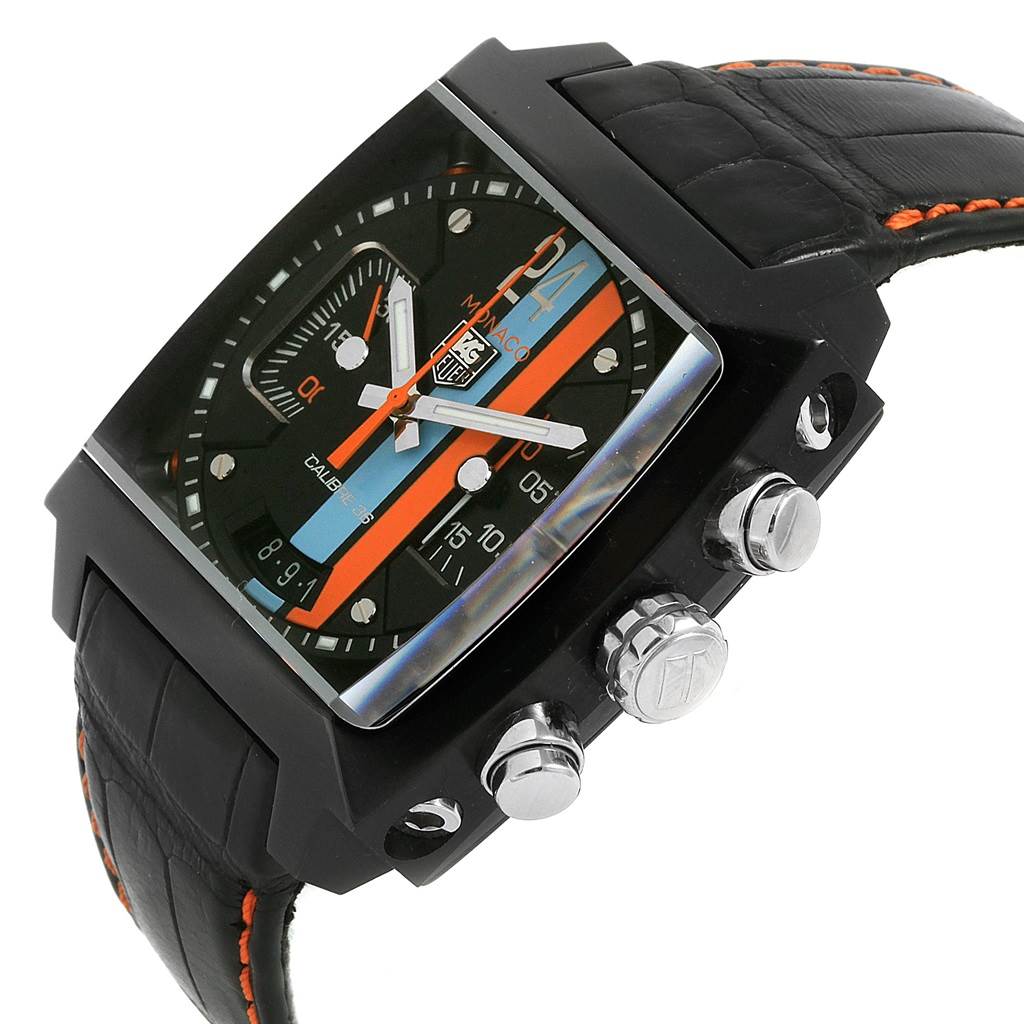 This image shows the Limited Edition Tag Heuer Monaco watch, viewed from a slight angle highlighting the face and side pushers.