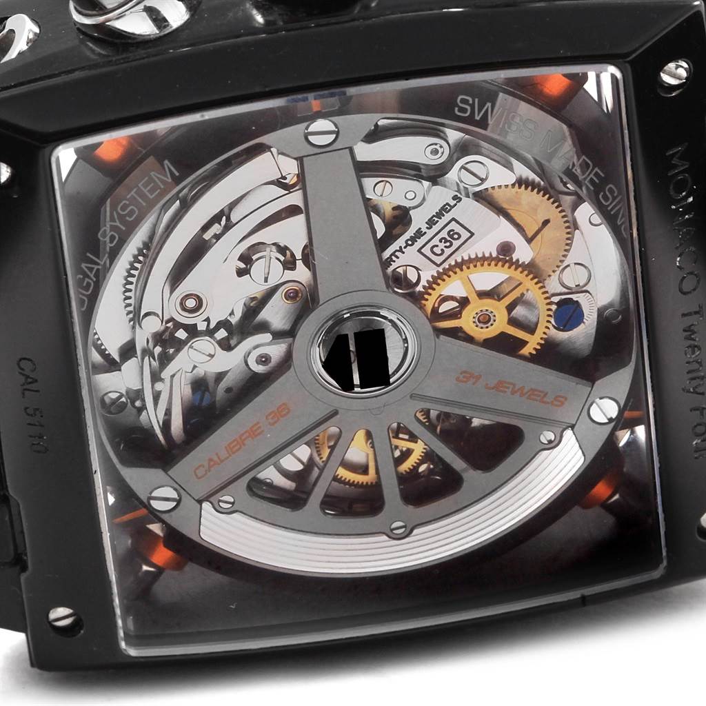The image shows a close-up view of the movement and internal mechanisms of the Limited Edition Tag Heuer Monaco watch.