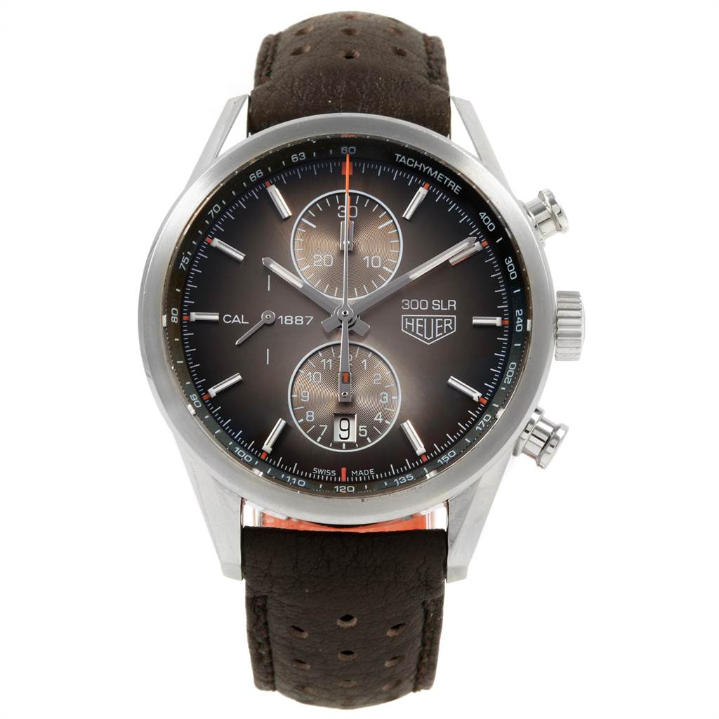 The image shows a Tag Heuer SLR CAR2112.FC6267 Men's Stainless Steel Brown Dial CAR2112.FC6267 Men's Stainless Steel Brown Dial model watch from a front angle, featuring the dial, chronograph subdials, and brown leather strap.