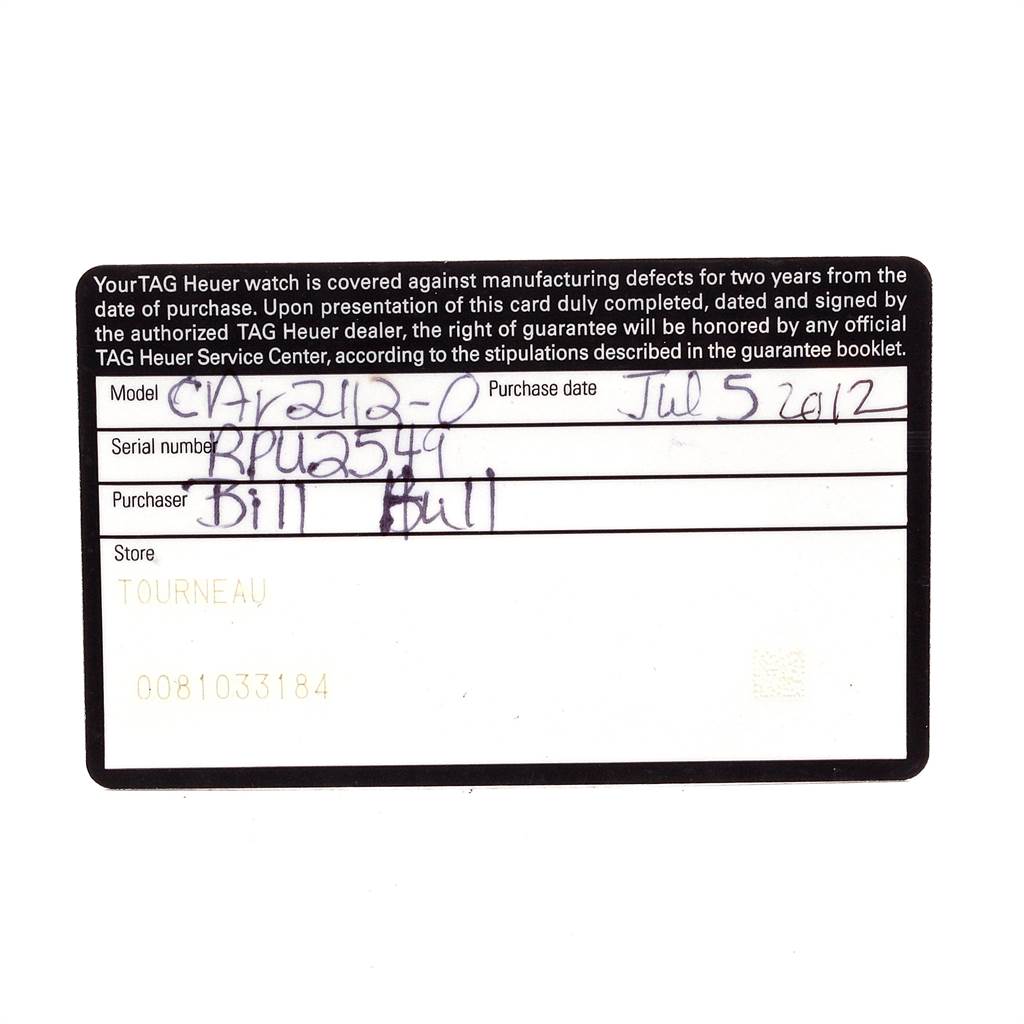 The image shows the warranty card for a Tag Heuer SLR CAR2112.FC6267 Men's Stainless Steel Brown Dial CAR2112.FC6267 Men's Stainless Steel Brown Dial watch, with model, serial number, purchaser, and store information.