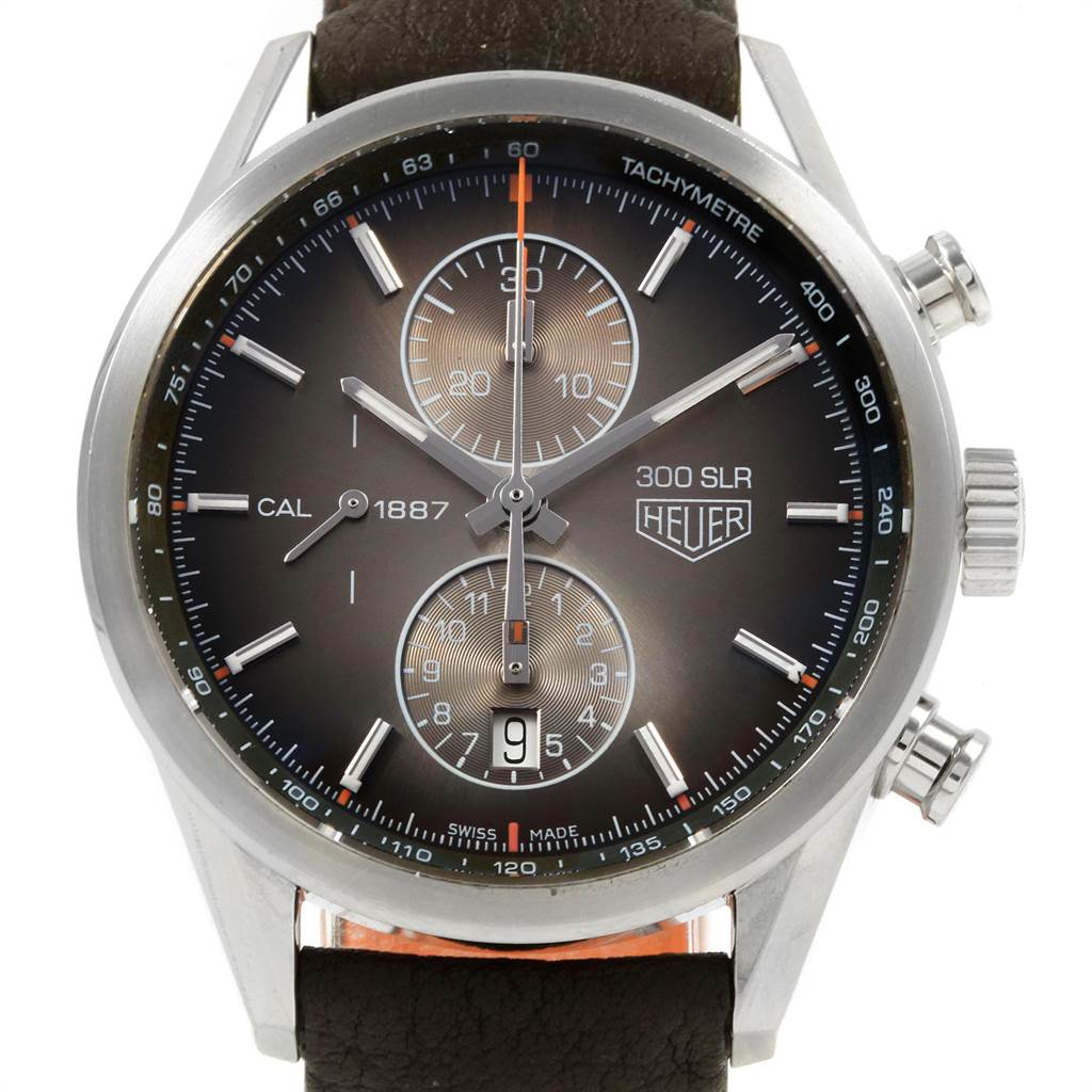 This image shows a front view of the Tag Heuer 300 SLR model watch, displaying the dial, chronograph subdials, and crown with pushbuttons.