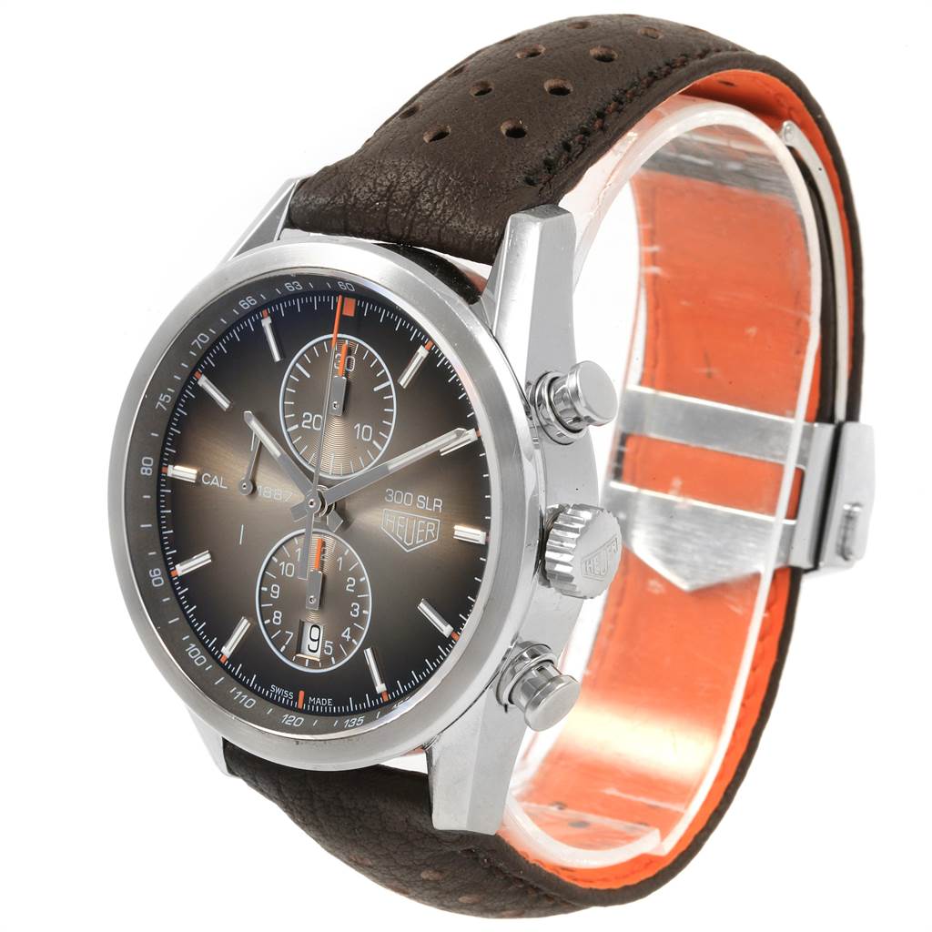 The image shows a Tag Heuer SLR CAR2112.FC6267 Men's Stainless Steel Brown Dial CAR2112.FC6267 Men's Stainless Steel Brown Dial model watch at a three-quarter angle, highlighting the face, crown, pushers, and brown leather strap.