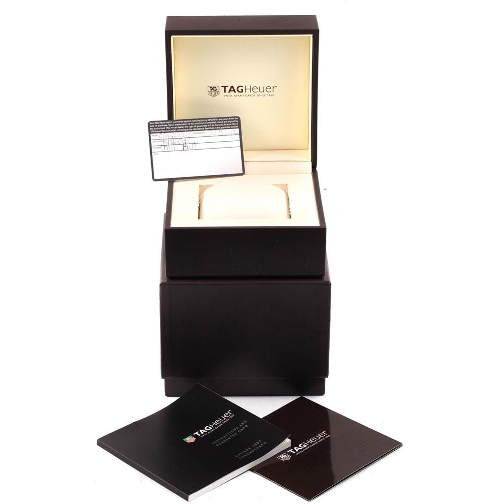 The image shows a Tag Heuer SLR CAR2112.FC6267 Men's Stainless Steel Brown Dial CAR2112.FC6267 Men's Stainless Steel Brown Dial model watch box, warranty card, and user manuals from a front view angle.