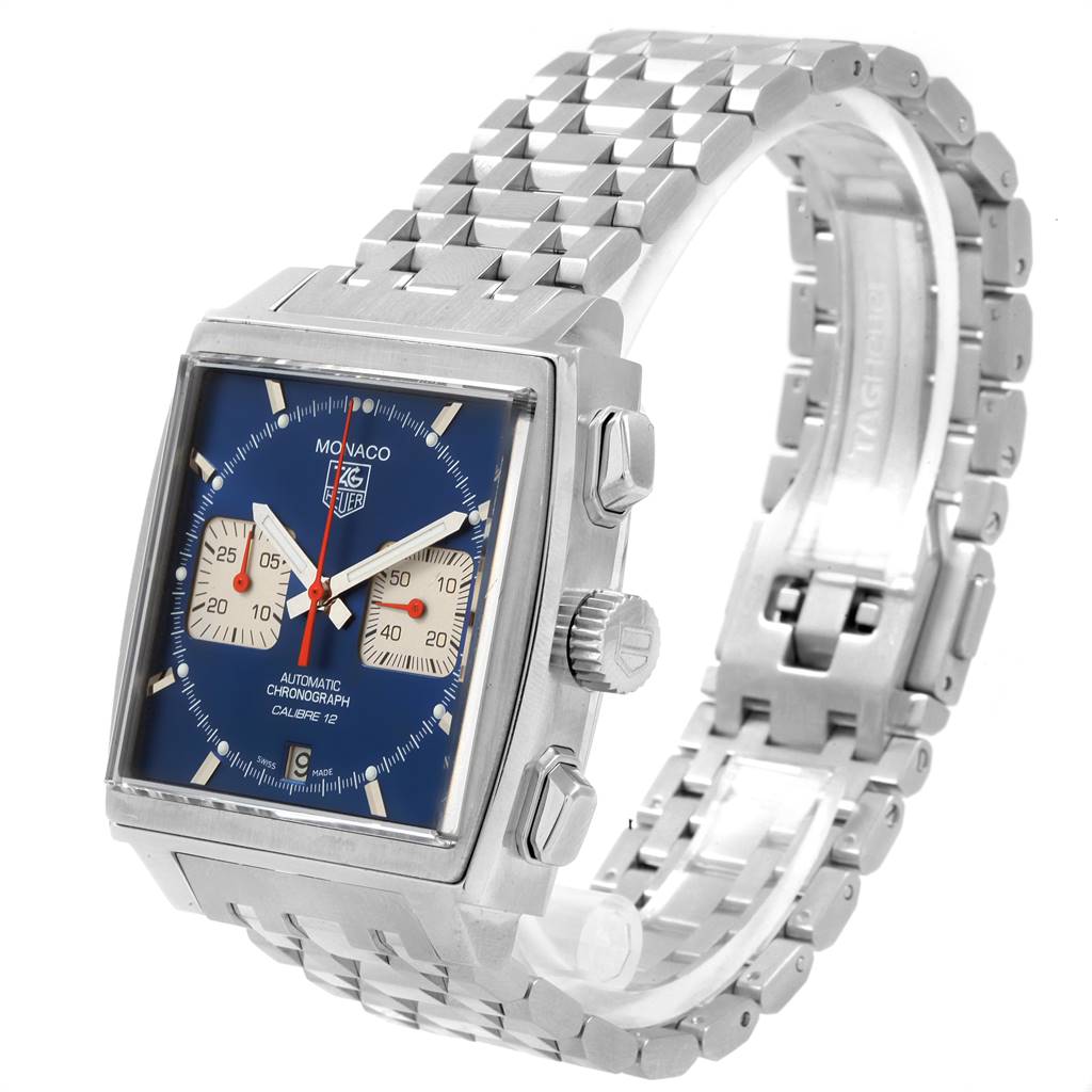 This image shows a Tag Heuer Monaco CAW2111.BA0780 Men's Stainless Steel Blue Dial CAW2111.BA0780 Men's Stainless Steel Blue Dial watch at a three-quarter angle, displaying the face, bezel, crown, pushers, and bracelet.