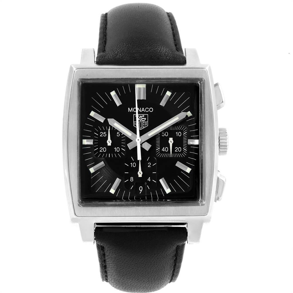 The image shows a front view of a Tag Heuer Monaco CW2111 Men
s Stainless Steel Black Dial CW2111 Men
s Stainless Steel Black Dial model watch with a square face and black leather strap.