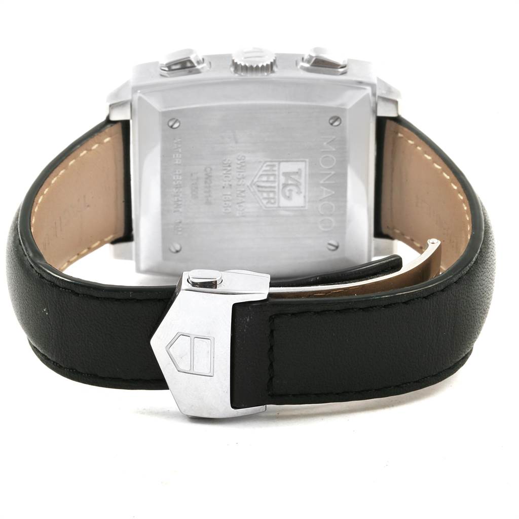 The image shows the back case and leather strap of a Tag Heuer Monaco CW2111 Men
s Stainless Steel Black Dial CW2111 Men
s Stainless Steel Black Dial watch.
