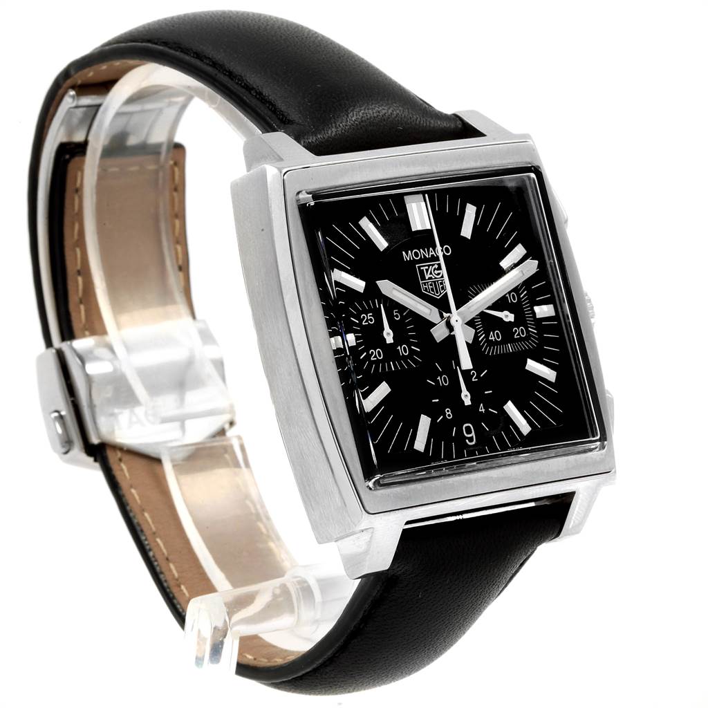 The image shows a side and front angle of the Tag Heuer Monaco CW2111 Men
s Stainless Steel Black Dial CW2111 Men
s Stainless Steel Black Dial watch, highlighting its black dial and leather strap.