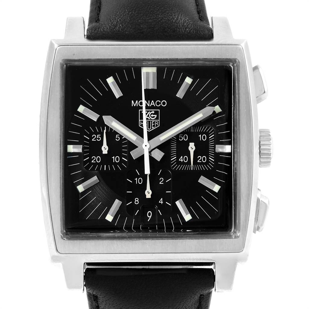 The image shows a front view of the Tag Heuer Monaco CW2111 Men
s Stainless Steel Black Dial CW2111 Men
s Stainless Steel Black Dial watch, highlighting its square face, chronograph subdials, and black leather strap.