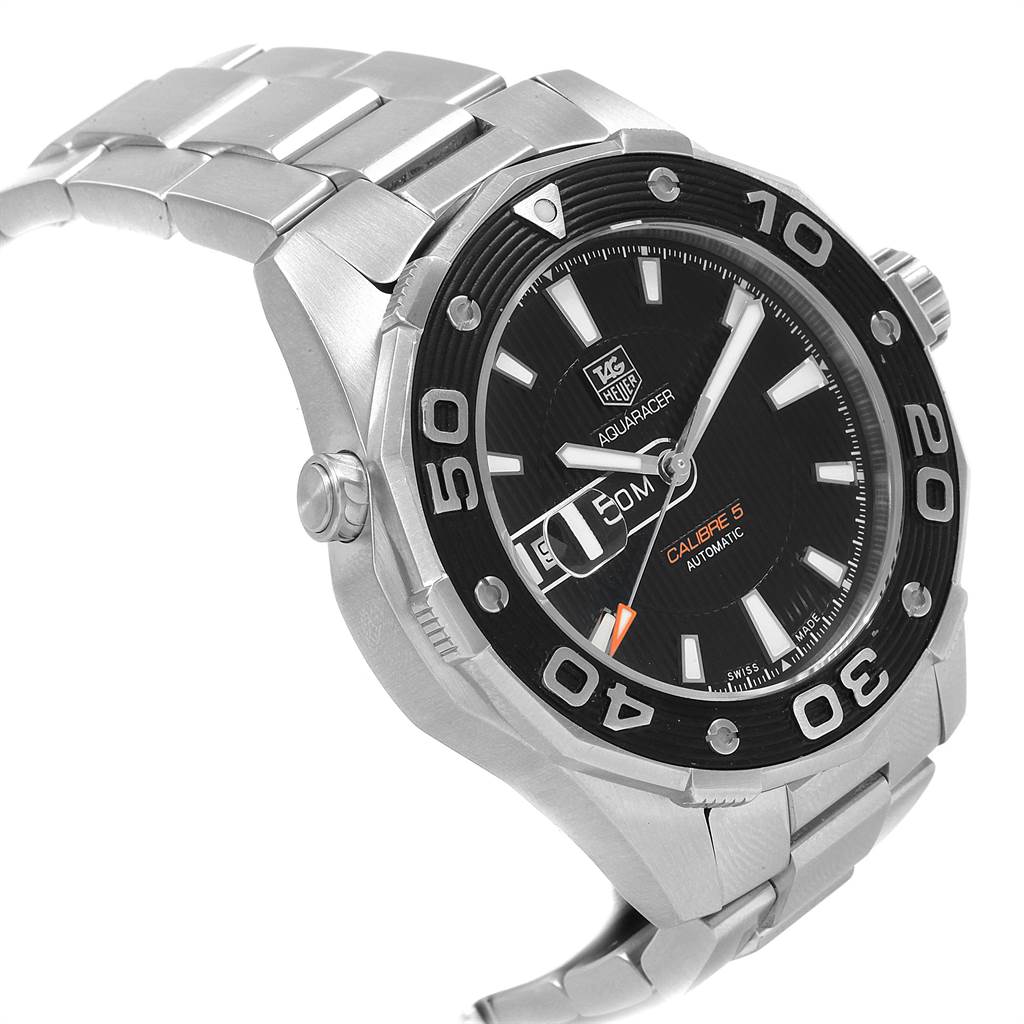 The image shows a Tag Heuer Aquaracer WAJ2110.BA0870 Men
s Stainless Steel Black Dial WAJ2110.BA0870 Men
s Stainless Steel Black Dial watch angled to display the face, bezel, and part of the bracelet.