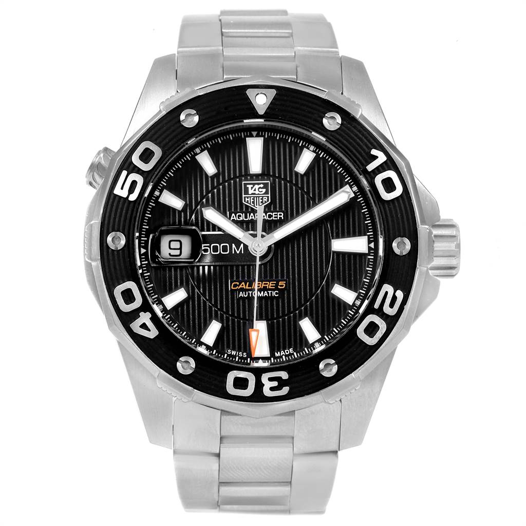 The image shows a frontal view of a Tag Heuer Aquaracer WAJ2110.BA0870 Men
s Stainless Steel Black Dial WAJ2110.BA0870 Men
s Stainless Steel Black Dial watch, displaying the dial, bezel, bracelet, and crown.