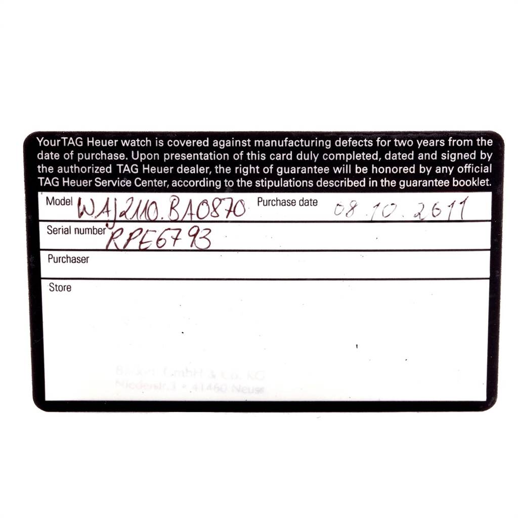 This image shows a warranty card for the Tag Heuer Aquaracer WAJ2110.BA0870 Men
s Stainless Steel Black Dial WAJ2110.BA0870 Men
s Stainless Steel Black Dial watch model WAJ2110.BA0870 with serial number RPE6793.