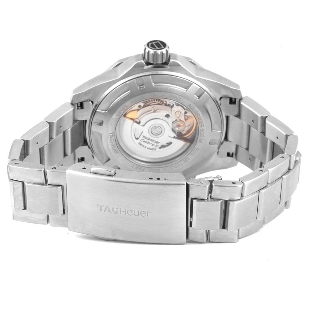 The image shows a rear view of the Tag Heuer Aquaracer WAJ2110.BA0870 Men
s Stainless Steel Black Dial WAJ2110.BA0870 Men
s Stainless Steel Black Dial watch, highlighting its case back and metal bracelet.